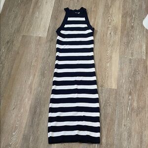 Navy and White Striped Ribbed Knit Midi Dress